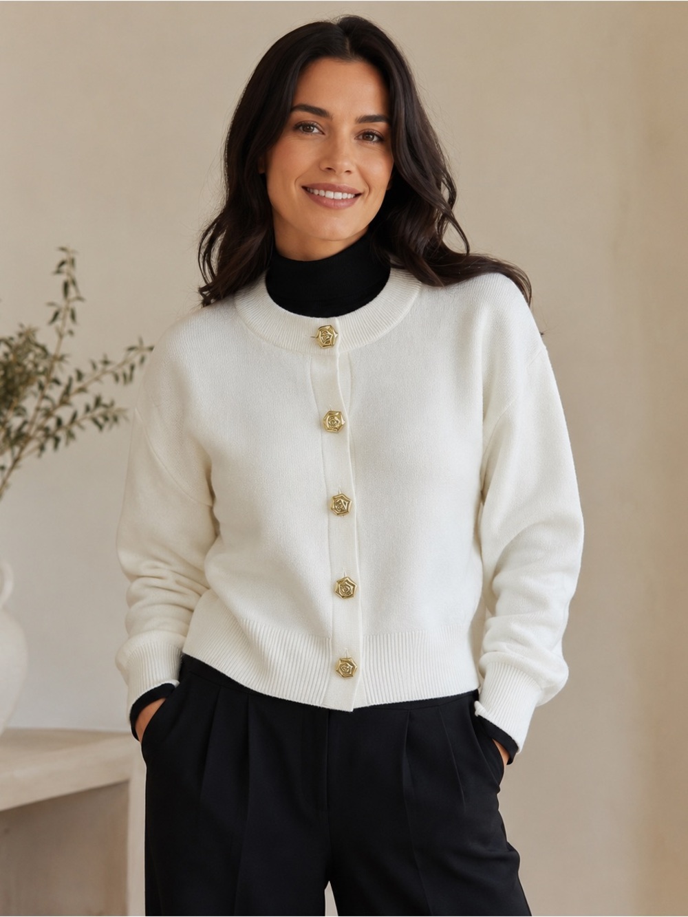 Philosophy Republic Clothing Ivory Cropped Cardigan Gold Rose Buttons M
